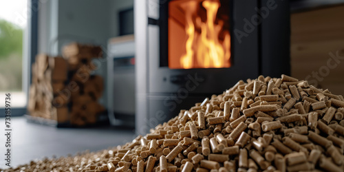 Warm Home Atmosphere with Wood Pellets and Stove. A close-up of wood pellets with a glowing stove in the background. photo