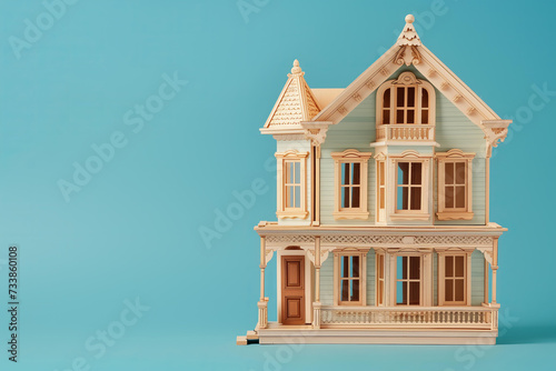 
elegant wooden dollhouse isolated on blue background photo