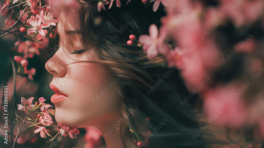 spring portrait of a girl with pink blossoms