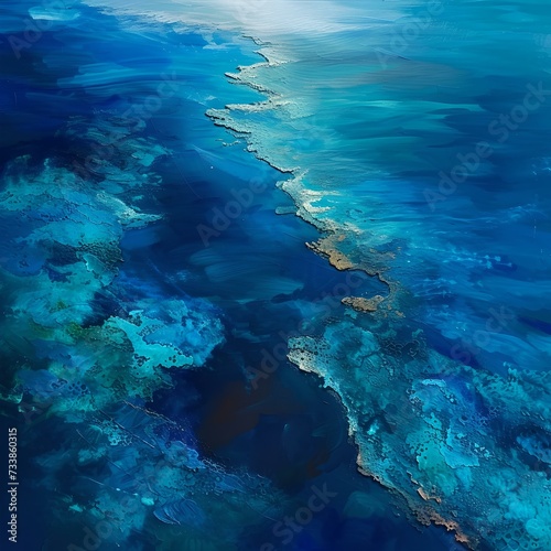 Sweeping ocean currents caress tropical shores in vivid blues. artistic aerial view conceptualizing nature's beauty. perfect for backgrounds and themes. AI
