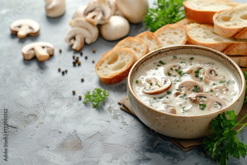 A Bowl of Mushroom Soup With Bread
