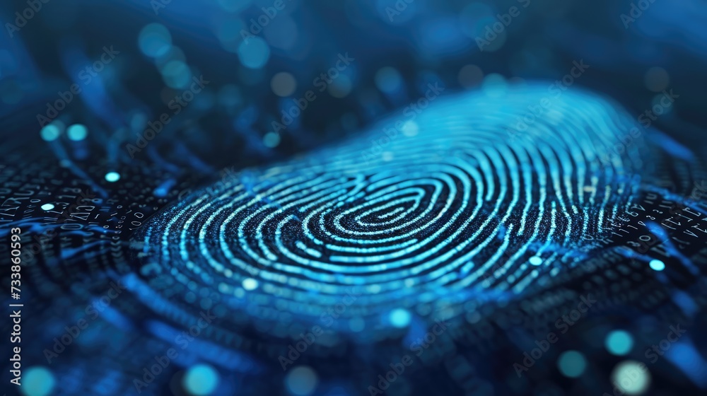 Fingerprint on a blue microchip. Cybersecurity concept, user privacy security and encryption. Future technology, data protection, secure internet access