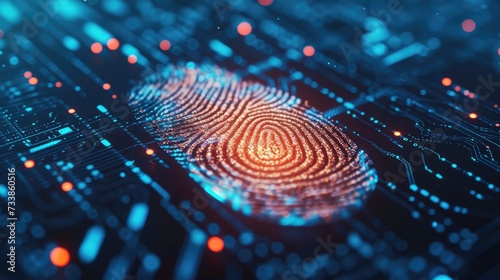 Fingerprint on a blue microchip. Cybersecurity concept, user privacy security and encryption. Future technology, data protection, secure internet access photo