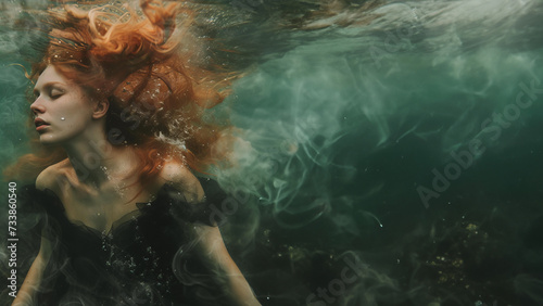  fantasy photo of a red-haired girl in a dress underwater