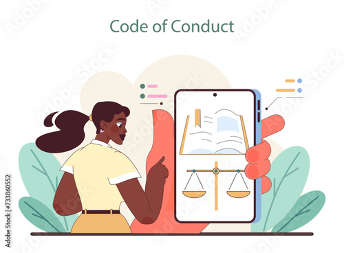 Code of Conduct concept. A person holds a tablet displaying scales of justice, symbolizing adherence to ethical standards. Flat vector illustration.