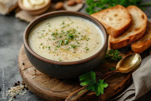 Creamy Cheese Soup With Bread and Parsley
