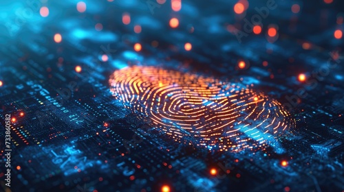 Fingerprint on a blue microchip. Cybersecurity concept, user privacy security and encryption. Future technology, data protection, secure internet access