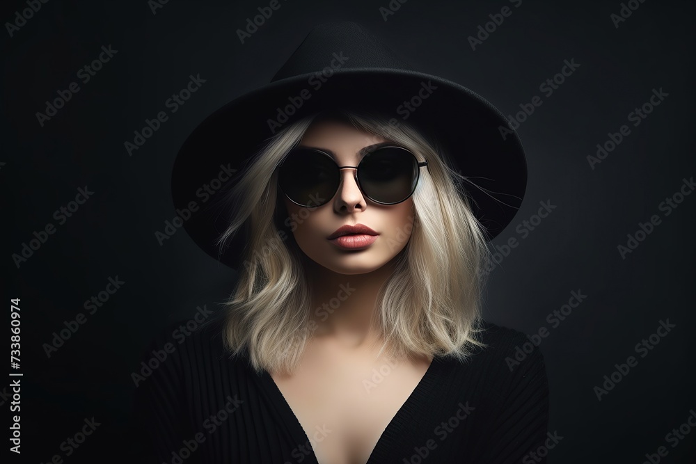 Beautiful woman in black hat and glasses, fashion magazine cover Beautiful woman in black hat and glasses, fashion magazine cover