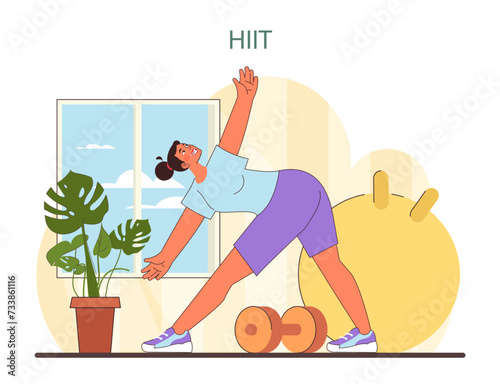 HIIT Workout illustration. A vibrant depiction of a home-based high-intensity workout, showcasing a woman in mid-stretch with fitness equipment. Encourages a lively and healthy lifestyle. vector