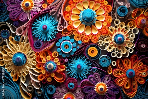 A captivating photograph of a paper quilled artwork, featuring intricate coils and shapes meticulously arranged to form a stunning design, with vibrant colors, fine line textures, and sharp resolution