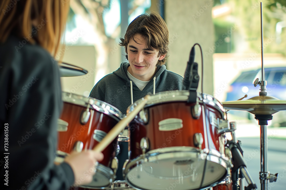 Drum Lessons: Amidst a rhythmic backdrop, a percussionist instructs a student on drumming techniques, showcasing different beats and rhythms on a drum kit.