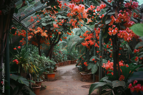 
indoor glass greenhouse with tropical plants photo