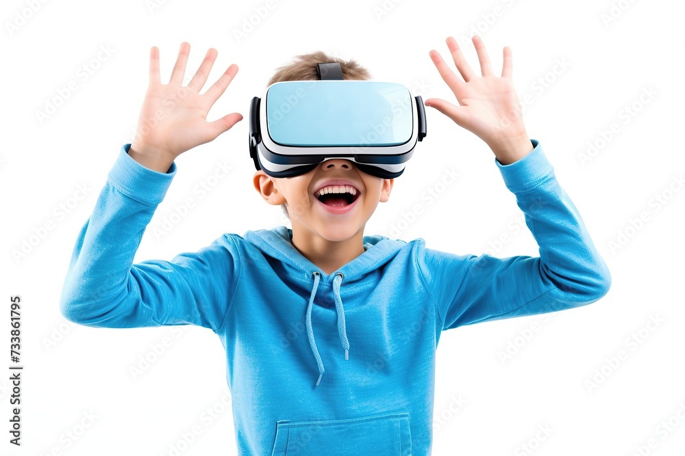 A boy on a white background in virtual reality glasses A boy on a white background in virtual reality glasses