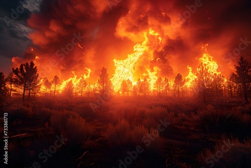 Forest fire devastating and razing a forest. Environmental concept image photo