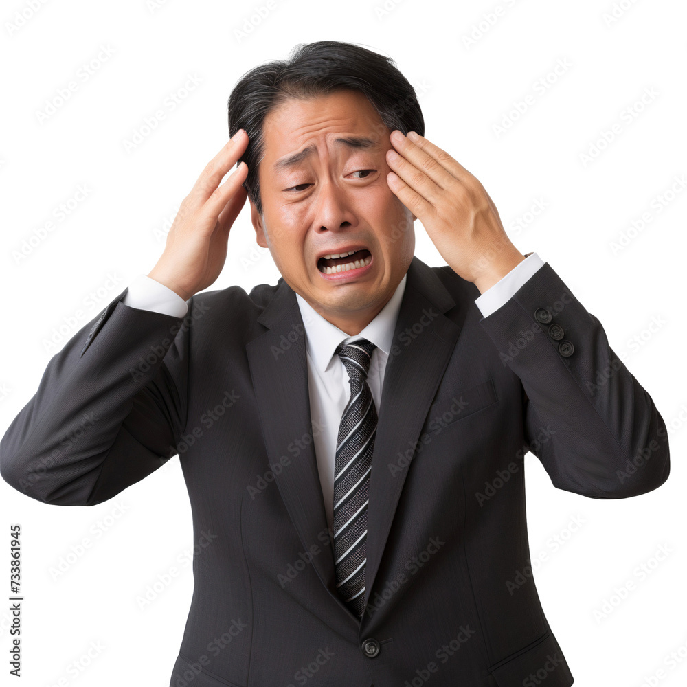 Frustrated businessman with hands on head, looking stressed and tired, isolated on transparent background Frustrated businessman with hands on head, looking stressed and tired, isolated on transparent background
