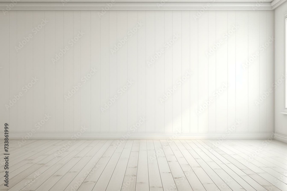A modern empty room with white walls and white wood floor. Generative AI
