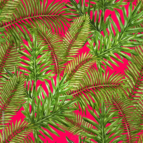 Fototapeta Naklejka Na Ścianę i Meble -  Watercolor seamless pattern with tropical leaves. Beautiful allover print with hand drawn exotic plants. Swimwear botanical design.	