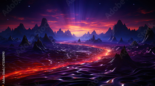 Abstract neon landscape, in which color lines create the impression of galactic track
