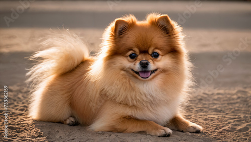 pomeranian dog sitting on the ground with its tongue out,