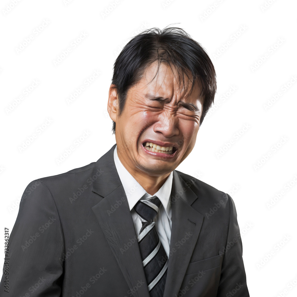 Japanese businessman looking distressed and crying, transparent, isolated on white background Japanese businessman looking distressed and crying, transparent, isolated on white background