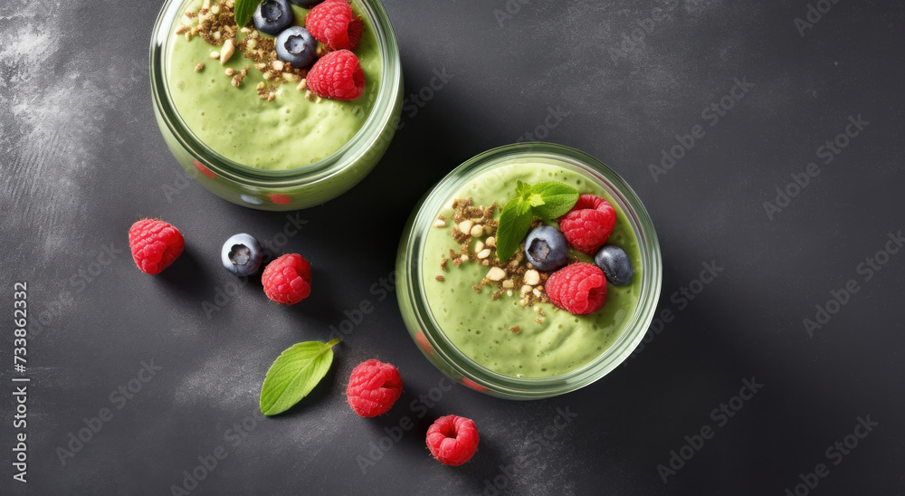 Two Glasses of Green Smoothie With Raspberries and Blueberries Two Glasses of Green Smoothie With Raspberries and Blueberries
