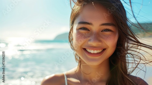 In a delightful close-up, a radiant young woman exudes the essence of summer bliss and carefree holiday vibes against a sunny beach setting. Generated AI 