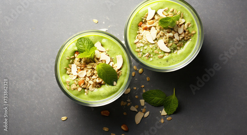Two Glasses of Green Smoothie With Nuts and Mint