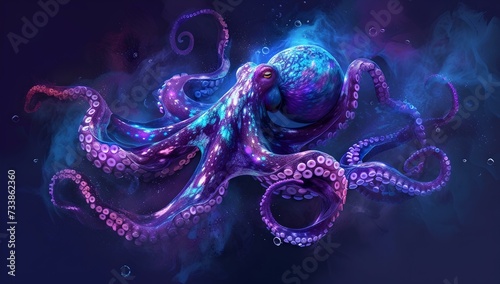Surreal violet octopus in mystical underwater ambiance. digital artwork for creative design, fantasy marine life. AI