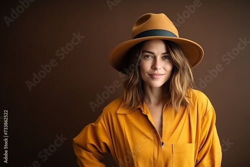 Portrait of a beautiful young woman in a yellow shirt and hat