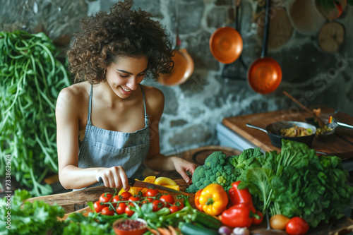 A young woman prepares a vibrant vegan meal, arranging fresh vegetables and fruits on a wooden cutting board.