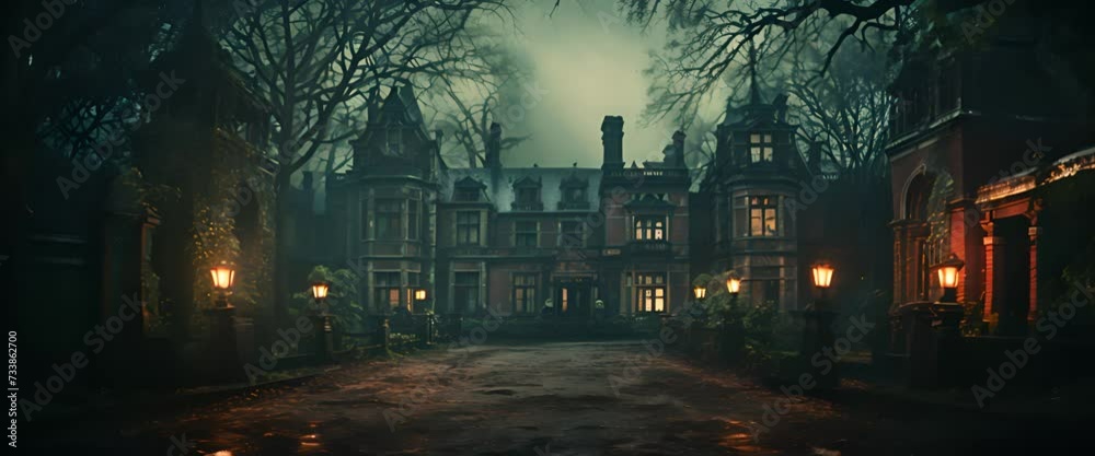 Panning shot of a haunted victorian era mansion with pebbles road
