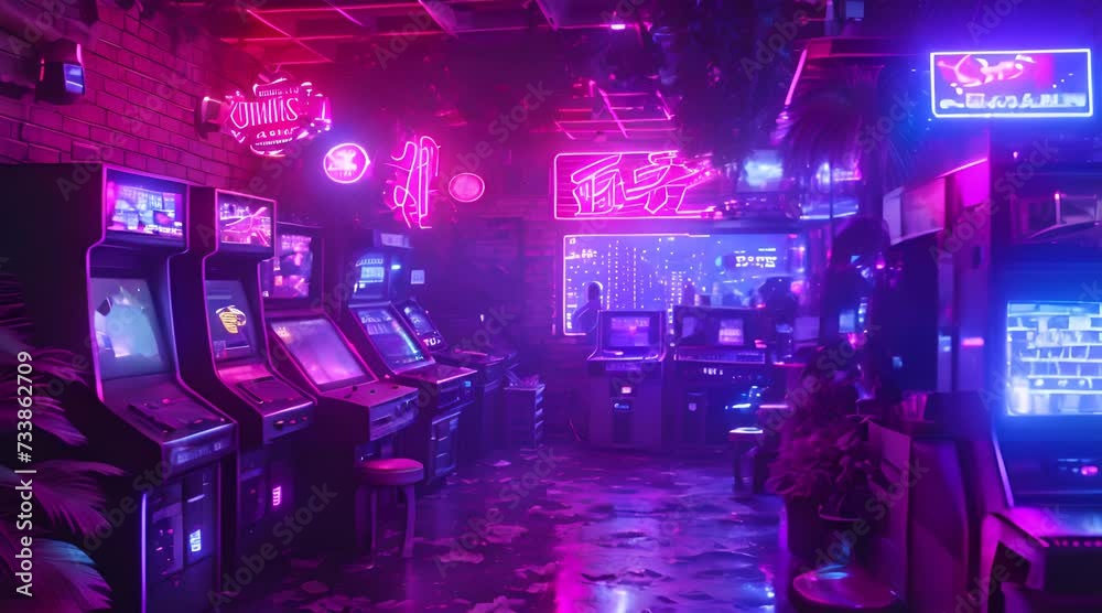 1990's retro video game arcade bathed in neon lights with bars stools and lot of equipment