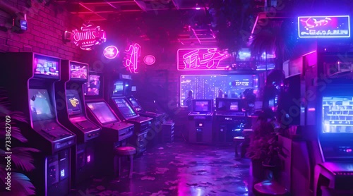 1990's retro video game arcade bathed in neon lights with bars stools and lot of equipment