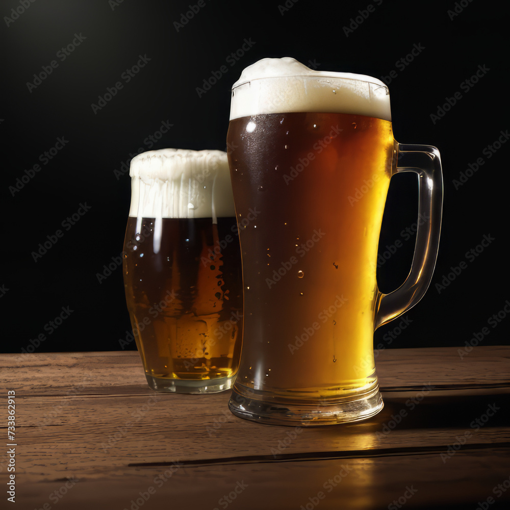 Two frothy beers standing on a wooden table in front of a black background Two frothy beers standing on a wooden table in front of a black background