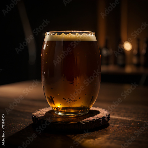 A beer glass standing on a table, a blurred background