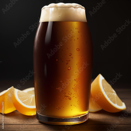 An interestingly shaped beer with lemons next to it standing in a dark environment photo