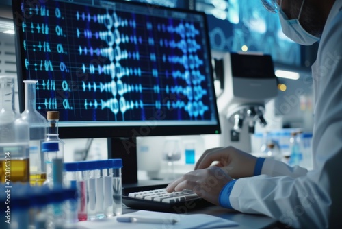 Advanced Laboratory: Medical Scientist Typing on Keyboard Works on Computer Developing Vaccine, Drugs and Antibiotics. Screen Shows High-Tech Concept for DNA research. Focus on Screen and Hands 