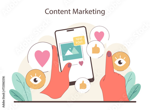 Content Marketing concept A fresh take on digital engagement through content marketing, focusing on the power of social likes and shares. Highlights the interactive nature of modern digital strategies