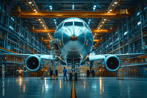 Commercial airplane open for engineering review in a spacious hangar, showcasing aviation maintenance.