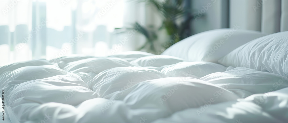 The mattress is white, clean, soft and pleasant to sleep on. - obrazy, fototapety, plakaty 