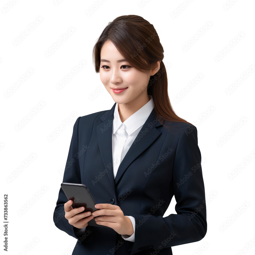 Portrait of a professional businesswoman using a mobile phone, transparent, isolated on white background Portrait of a professional businesswoman using a mobile phone, transparent, isolated on white background