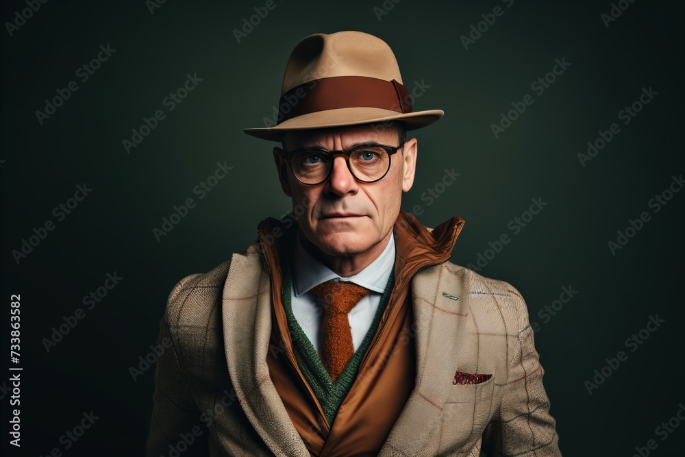 Portrait of a senior man in a hat and glasses. Studio shot. Portrait of a senior man in a hat and glasses. Studio shot.