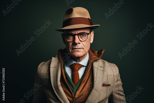 Portrait of a senior man in a hat and glasses. Studio shot.