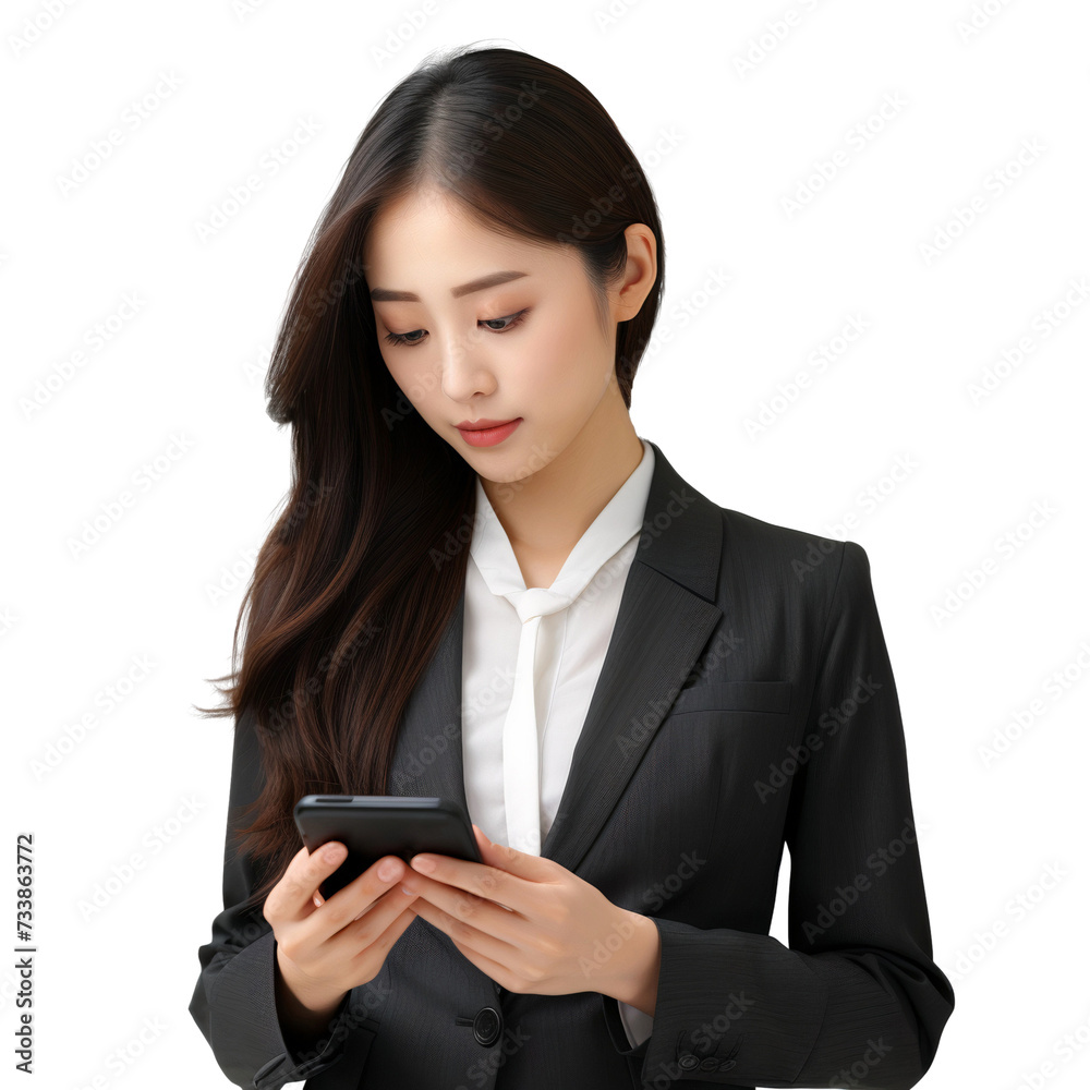 Portrait of a professional businesswoman using a mobile phone, transparent, isolated on white background Portrait of a professional businesswoman using a mobile phone, transparent, isolated on white background