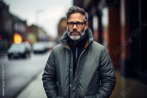 Portrait of a handsome bearded man in a stylish jacket and glasses on a city street.
