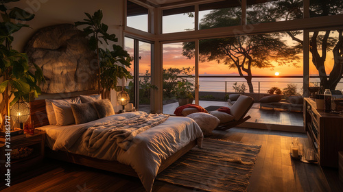 A bedroom with large windows that allow you to enjoy the sunset © JVLMediaUHD