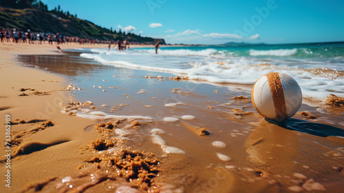 A bright beach day, where vacationers play volleyball against the background of turquoise waves an