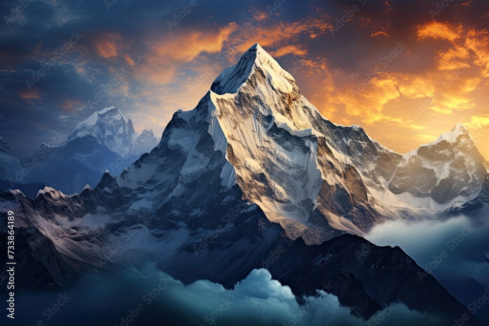 Himalayas. Mountain range at sunrise or sunset. Generative AI Art. Beautiful view.