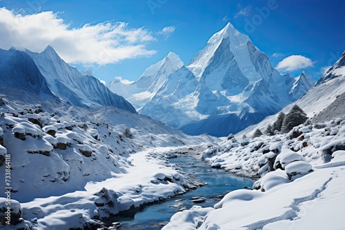 Himalayas. Mountain river in the mountains. Generative AI Art. Beautiful view.