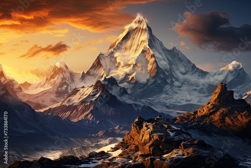 Himalayas. Mountain range at sunrise or sunset. Generative AI Art. Beautiful view. © Sci-Fi Agent